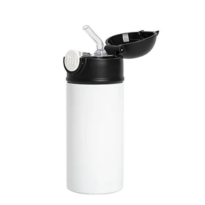 Picture of Kids Bottle (360ml) WHITE with Plastic Straw & BLACK Cap