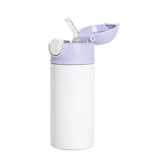 Picture of Kids Bottle (360ml) WHITE with Plastic Straw & PURPLE Cap